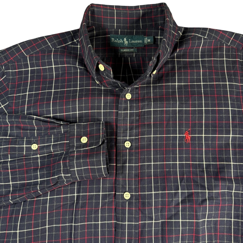 Ralph Lauren Classic Fit Button Down Shirt Mens M Navy Blue Plaid Long Sleeve